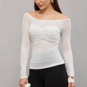 White Slim Fit Off Shoulder Neck Blouse